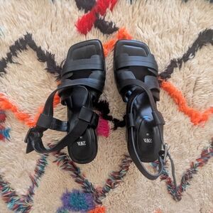 Zara Black Leather Strappy Square-Toe Heeled Sandals
